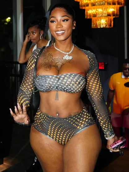Gold Polka Dot Mesh 3-Piece Crop Top & Shorts Set - A-1 Thread Vault