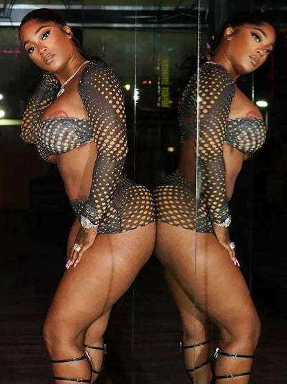 Gold Polka Dot Mesh 3-Piece Crop Top & Shorts Set - A-1 Thread Vault