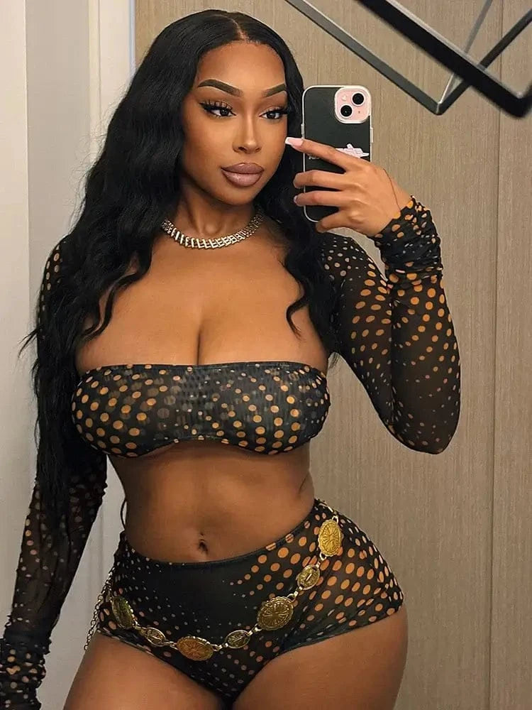 Gold Polka Dot Mesh 3-Piece Crop Top & Shorts Set - A-1 Thread Vault