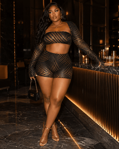 Gold Polka Dot Mesh 3-Piece Crop Top & Shorts Set - A-1 Thread Vault