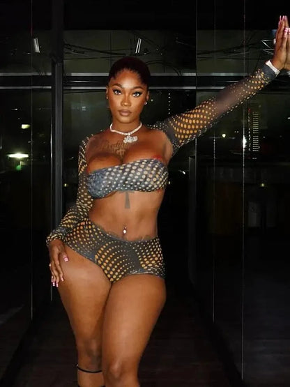 Gold Polka Dot Mesh 3-Piece Crop Top & Shorts Set - A-1 Thread Vault