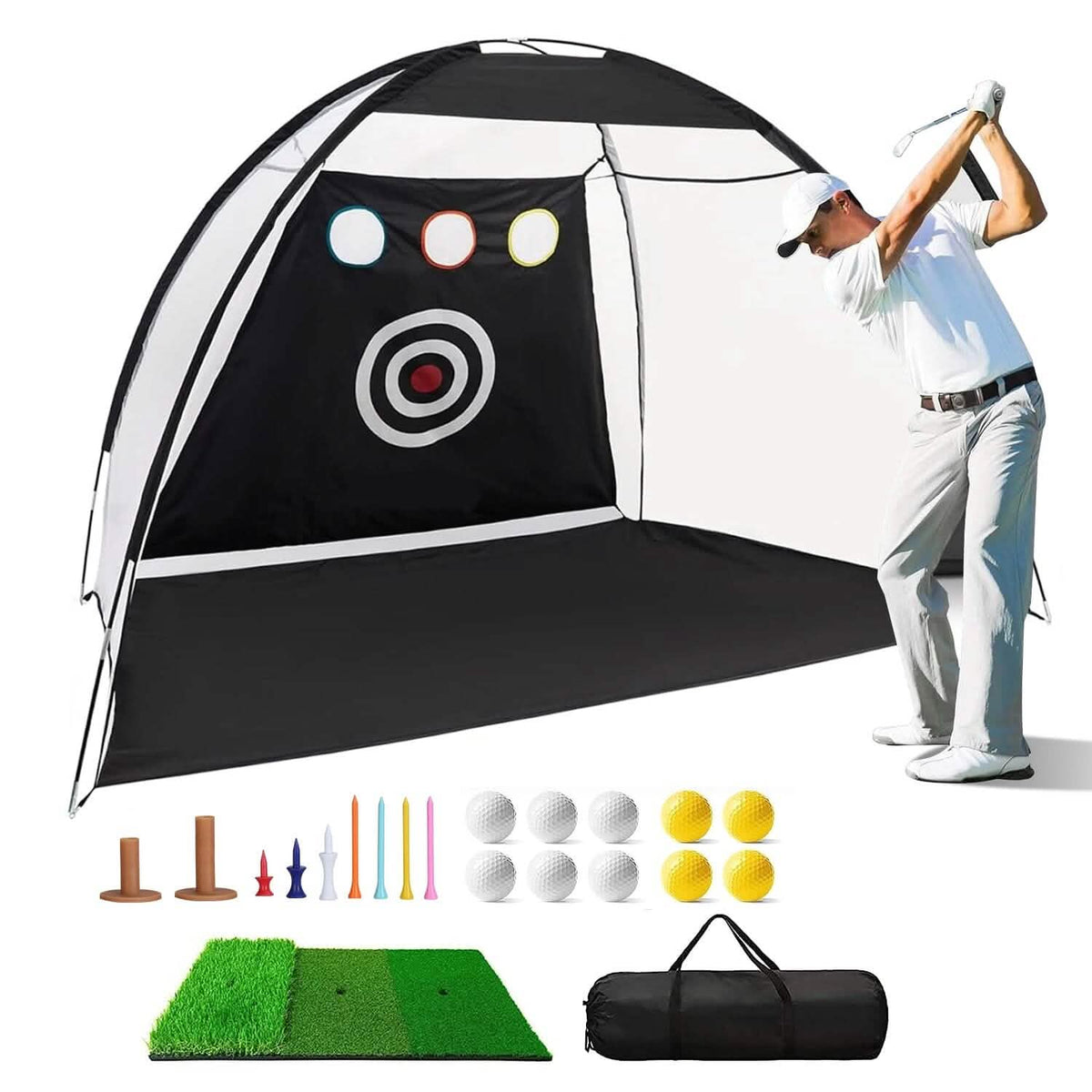 Golf Training Aids Driving Hitting Nets with Tri-Turf Golf Mat Target Cloth 10 Golf Balls 7 Golf Tees 2 Rubber Golf Tee Holders Carry Bag for Indoor Outdoor Sports - A-1 Thread Vault