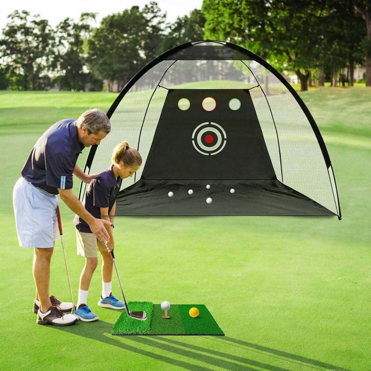 Golf Training Aids Driving Hitting Nets with Tri-Turf Golf Mat Target Cloth 10 Golf Balls 7 Golf Tees 2 Rubber Golf Tee Holders Carry Bag for Indoor Outdoor Sports - A-1 Thread Vault