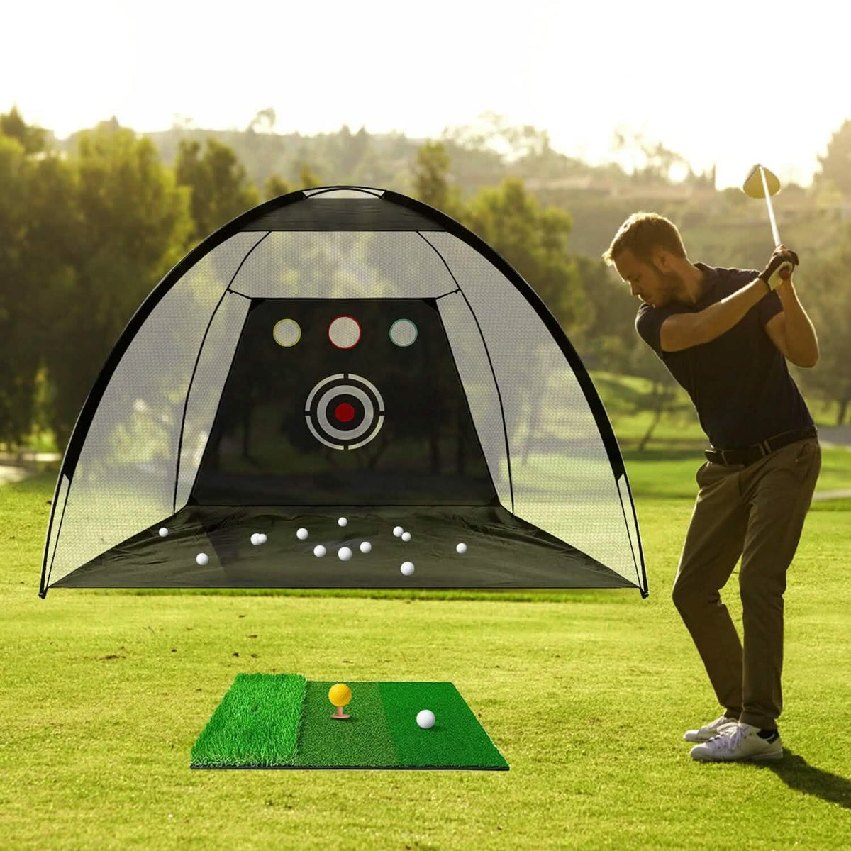 Golf Training Aids Driving Hitting Nets with Tri-Turf Golf Mat Target Cloth 10 Golf Balls 7 Golf Tees 2 Rubber Golf Tee Holders Carry Bag for Indoor Outdoor Sports - A-1 Thread Vault