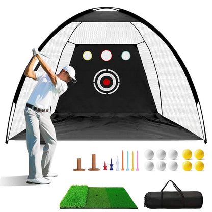 Golf Training Aids Driving Hitting Nets with Tri-Turf Golf Mat Target Cloth 10 Golf Balls 7 Golf Tees 2 Rubber Golf Tee Holders Carry Bag for Indoor Outdoor Sports - A-1 Thread Vault