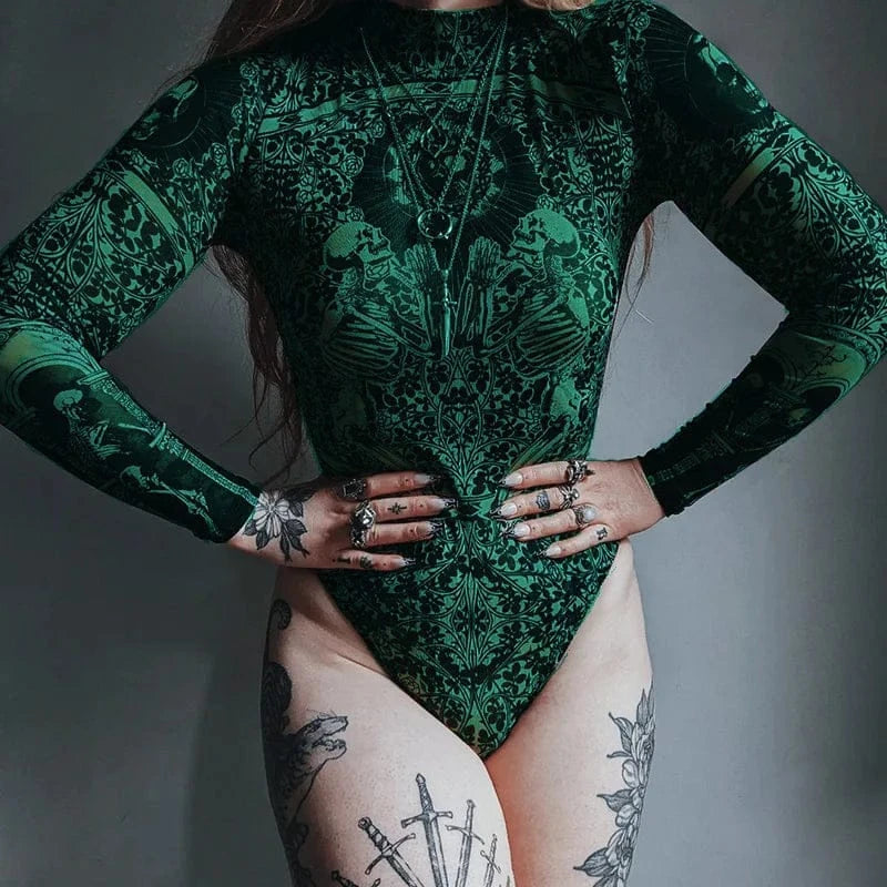 Gothic Print Naked See Through Bodycon Jumpsuits Y2K Lace Mesh Long Sleeve Slim Bodysuits Women Summer T-Shirts Tops Streetwear - A-1 Thread Vault