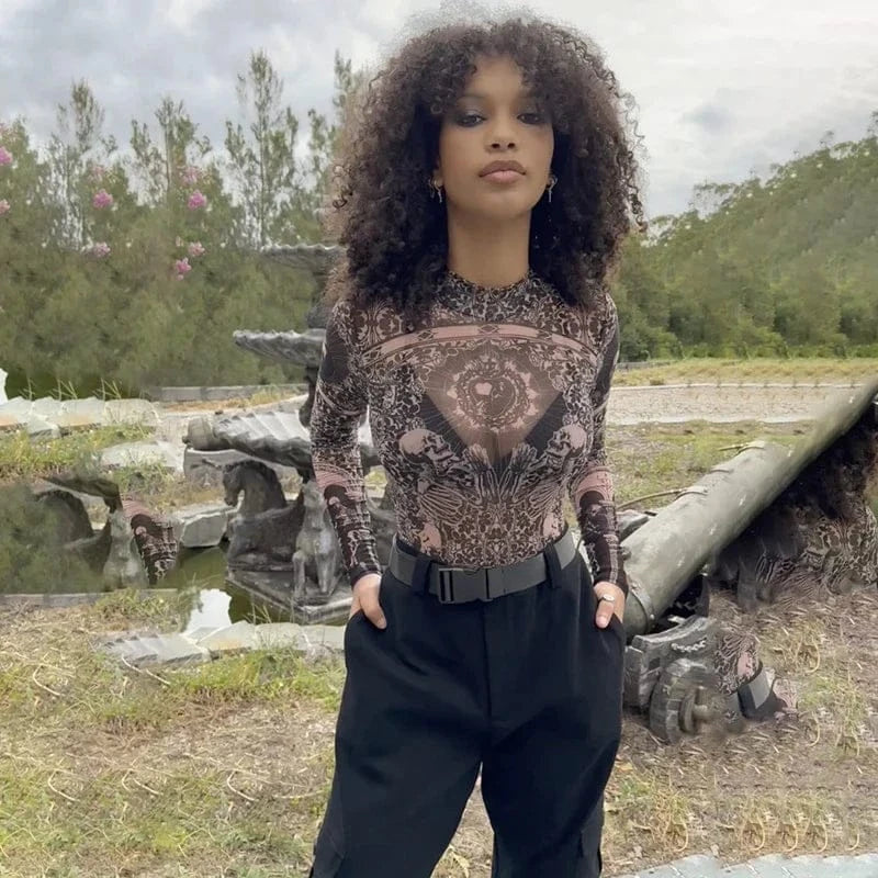 Gothic Print Naked See Through Bodycon Jumpsuits Y2K Lace Mesh Long Sleeve Slim Bodysuits Women Summer T-Shirts Tops Streetwear - A-1 Thread Vault