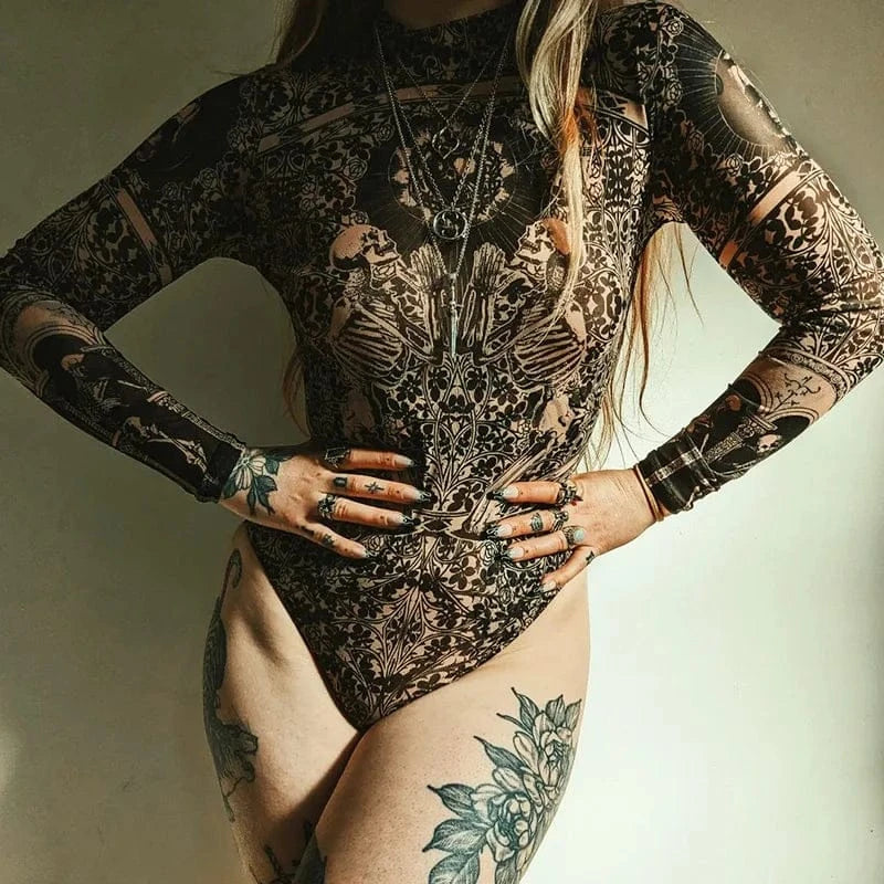 Gothic Print Naked See Through Bodycon Jumpsuits Y2K Lace Mesh Long Sleeve Slim Bodysuits Women Summer T-Shirts Tops Streetwear - A-1 Thread Vault