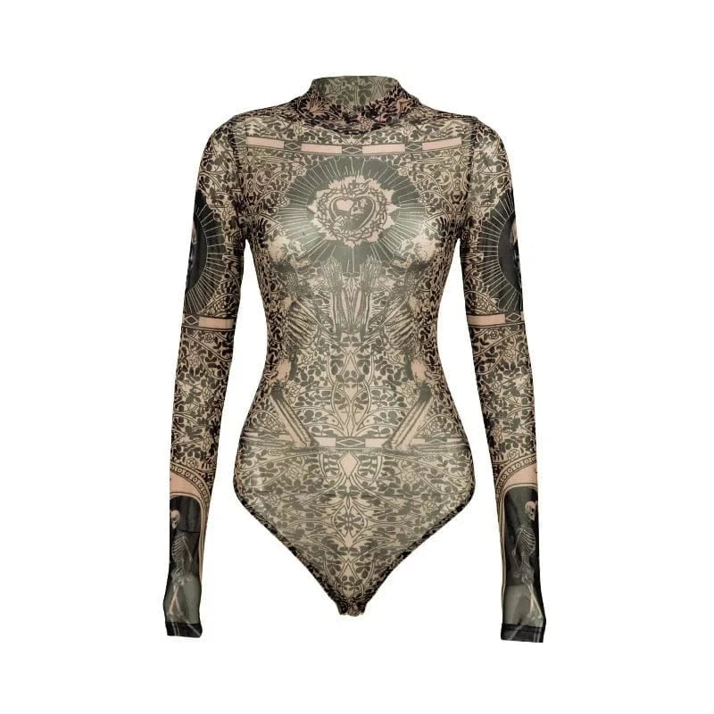 Gothic Print Naked See Through Bodycon Jumpsuits Y2K Lace Mesh Long Sleeve Slim Bodysuits Women Summer T-Shirts Tops Streetwear - A-1 Thread Vault