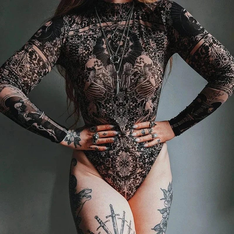 Gothic Print Naked See Through Bodycon Jumpsuits Y2K Lace Mesh Long Sleeve Slim Bodysuits Women Summer T-Shirts Tops Streetwear - A-1 Thread Vault