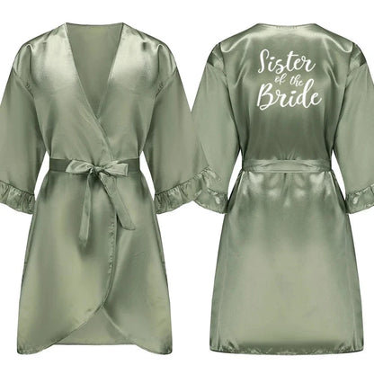 Grass Green Bride Satin-Silk Robe Women Bridal Party Sister Team Mother Shower Gift Bridesmaid Wedding Short Robes with Ruffle - A-1 Thread Vault