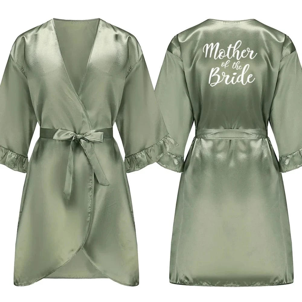 Grass Green Bride Satin-Silk Robe Women Bridal Party Sister Team Mother Shower Gift Bridesmaid Wedding Short Robes with Ruffle - A-1 Thread Vault