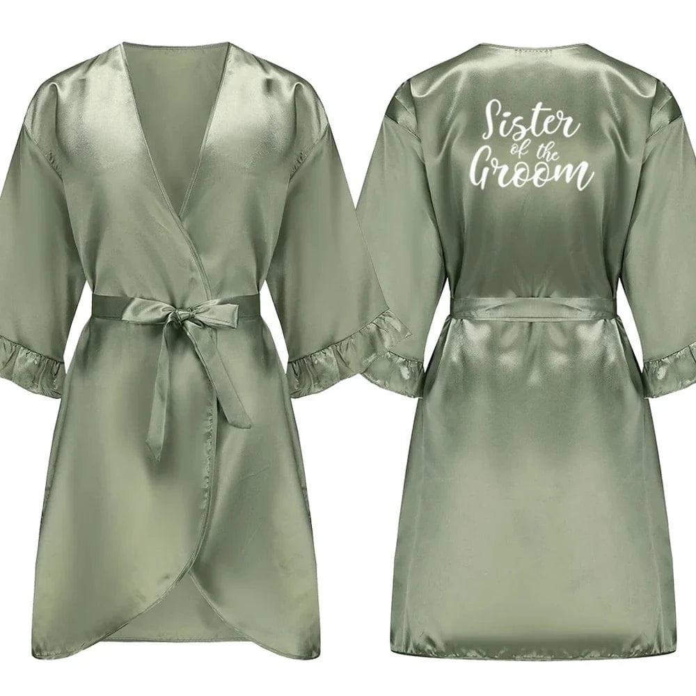 Grass Green Bride Satin-Silk Robe Women Bridal Party Sister Team Mother Shower Gift Bridesmaid Wedding Short Robes with Ruffle - A-1 Thread Vault