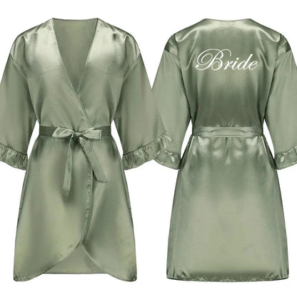 Grass Green Bride Satin-Silk Robe Women Bridal Party Sister Team Mother Shower Gift Bridesmaid Wedding Short Robes with Ruffle - A-1 Thread Vault