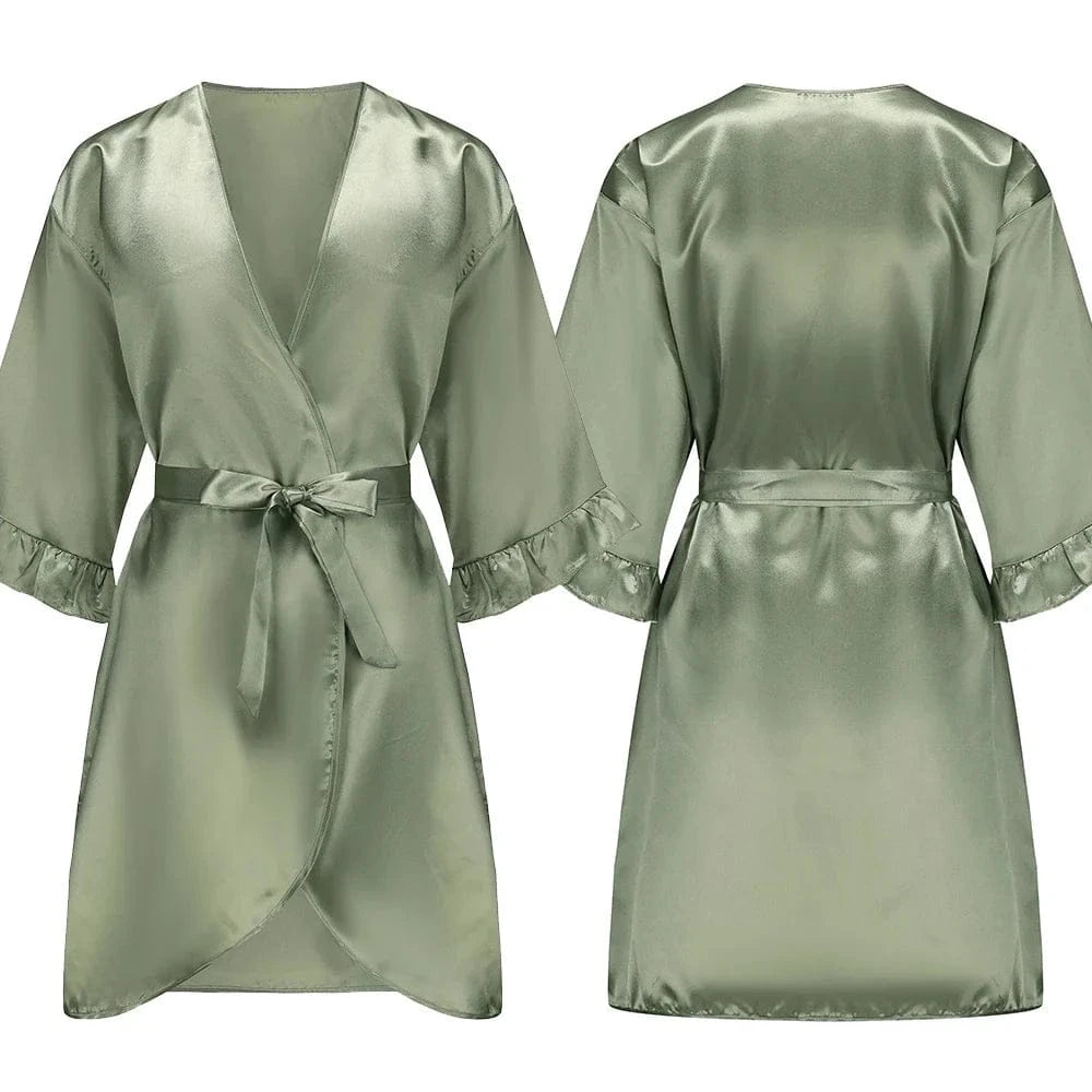 Grass Green Bride Satin-Silk Robe Women Bridal Party Sister Team Mother Shower Gift Bridesmaid Wedding Short Robes with Ruffle - A-1 Thread Vault