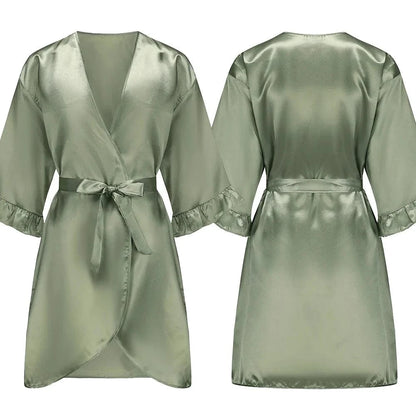 Grass Green Bride Satin-Silk Robe Women Bridal Party Sister Team Mother Shower Gift Bridesmaid Wedding Short Robes with Ruffle - A-1 Thread Vault