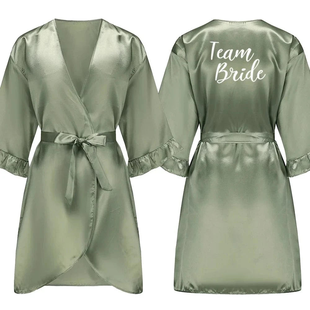 Grass Green Bride Satin-Silk Robe Women Bridal Party Sister Team Mother Shower Gift Bridesmaid Wedding Short Robes with Ruffle - A-1 Thread Vault