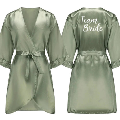 Grass Green Bride Satin-Silk Robe Women Bridal Party Sister Team Mother Shower Gift Bridesmaid Wedding Short Robes with Ruffle - A-1 Thread Vault
