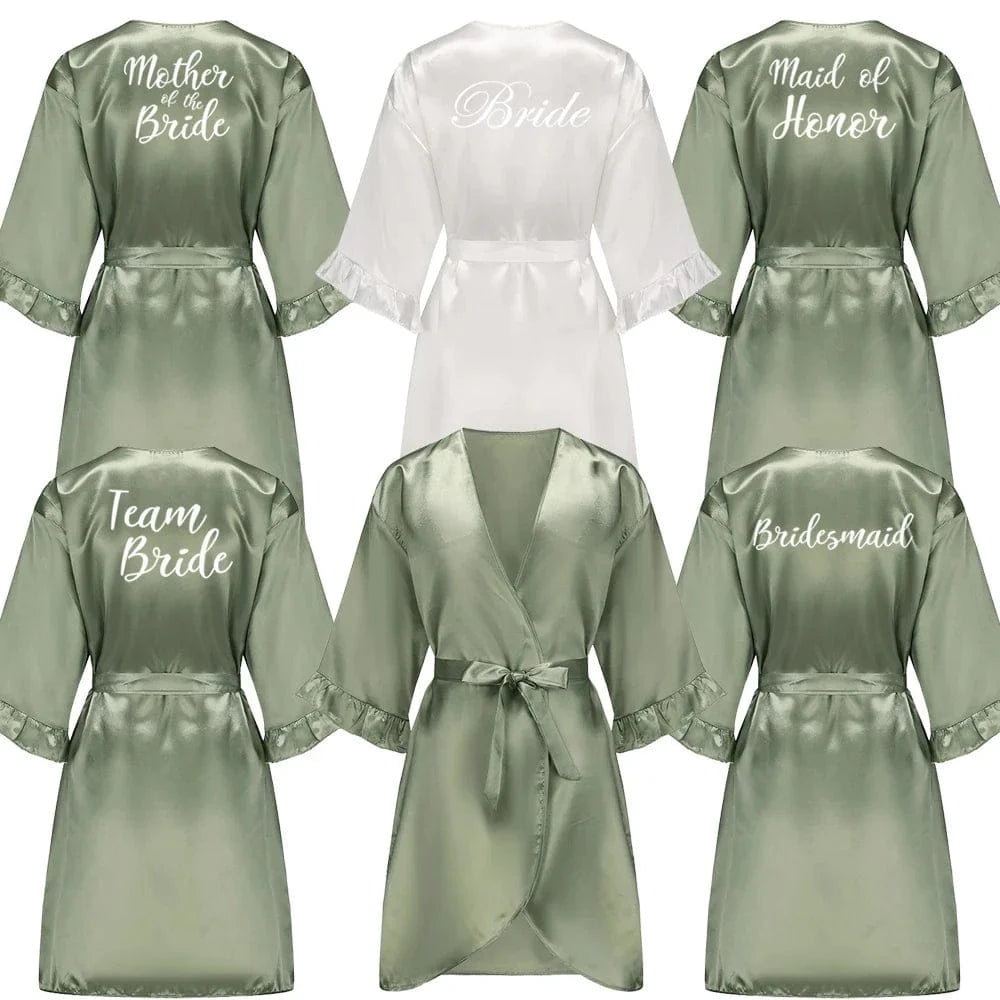 Grass Green Bride Satin-Silk Robe Women Bridal Party Sister Team Mother Shower Gift Bridesmaid Wedding Short Robes with Ruffle - A-1 Thread Vault
