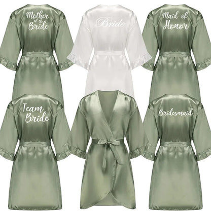 Grass Green Bride Satin-Silk Robe Women Bridal Party Sister Team Mother Shower Gift Bridesmaid Wedding Short Robes with Ruffle - A-1 Thread Vault