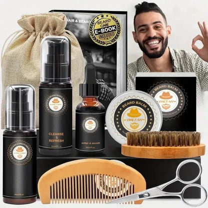 Grooming Kit w/Beard Conditioner, Oil, Balm, Brush, Wash, Comb, Scissor, Bag, E-Book - A-1 Thread Vault