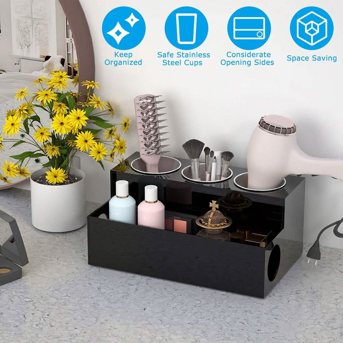 Hair Dryer Organizer with 3 Stainless Steel Cups - A-1 Thread Vault