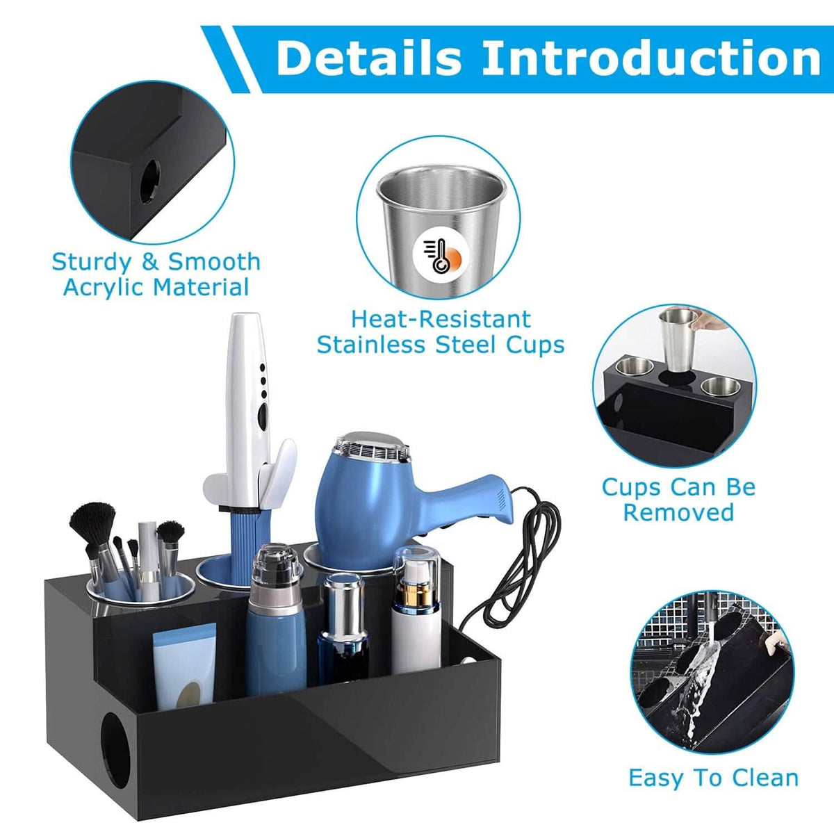 Hair Dryer Organizer with 3 Stainless Steel Cups - A-1 Thread Vault