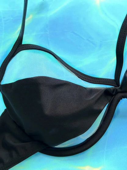Halter Mesh Sheer Underwired V-Bar Bikini Women Swimwear Female Swimsuit Two-pieces Bikini Set High Cut Bathing Suit Swim Lady - A-1 Thread Vault