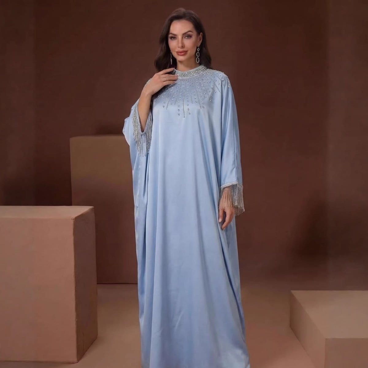 Hand-Beaded Crystal Bodice Satin Kaftan (MA420) - A-1 Thread Vault