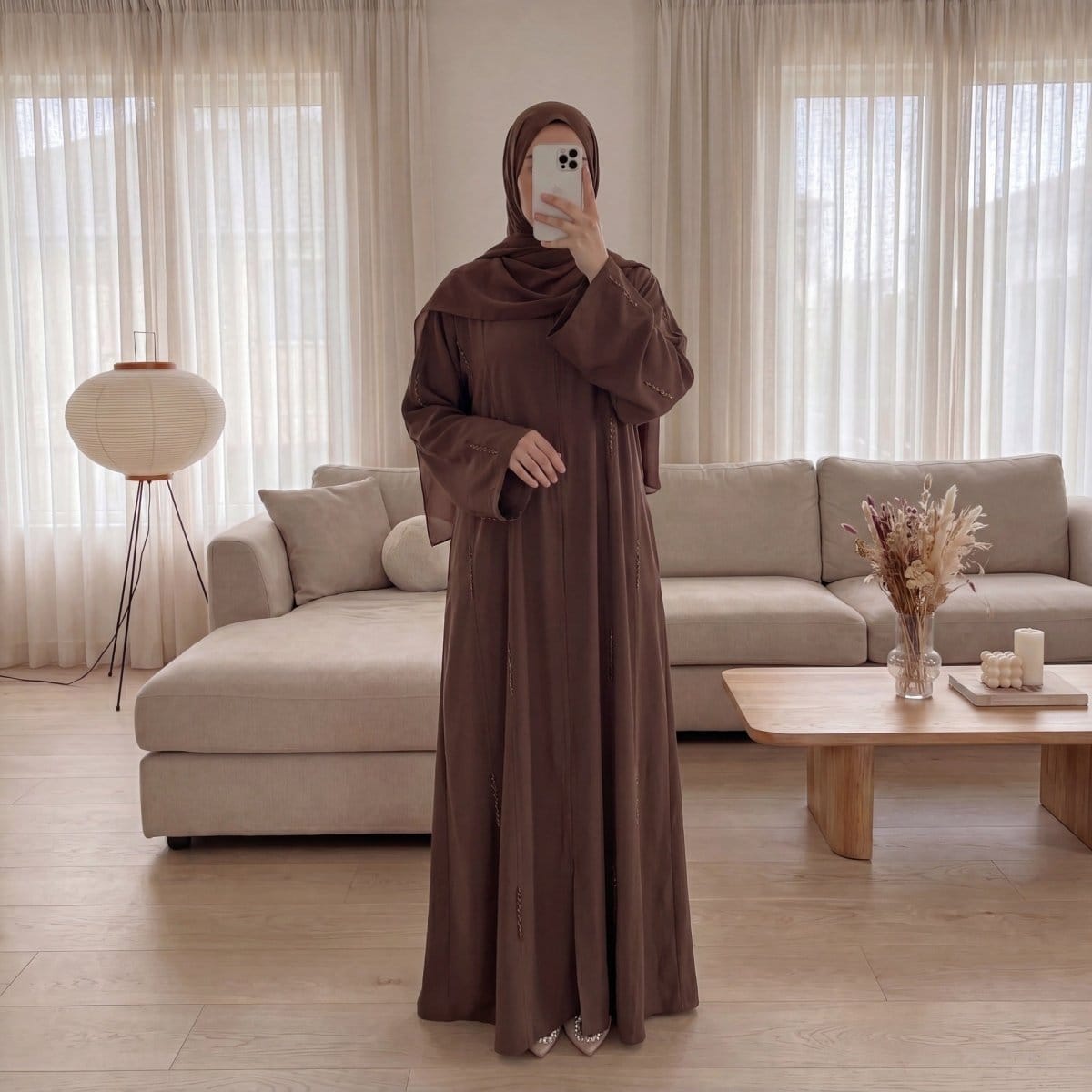Hand-Beaded Linen Open Abaya(MOA320) - A-1 Thread Vault
