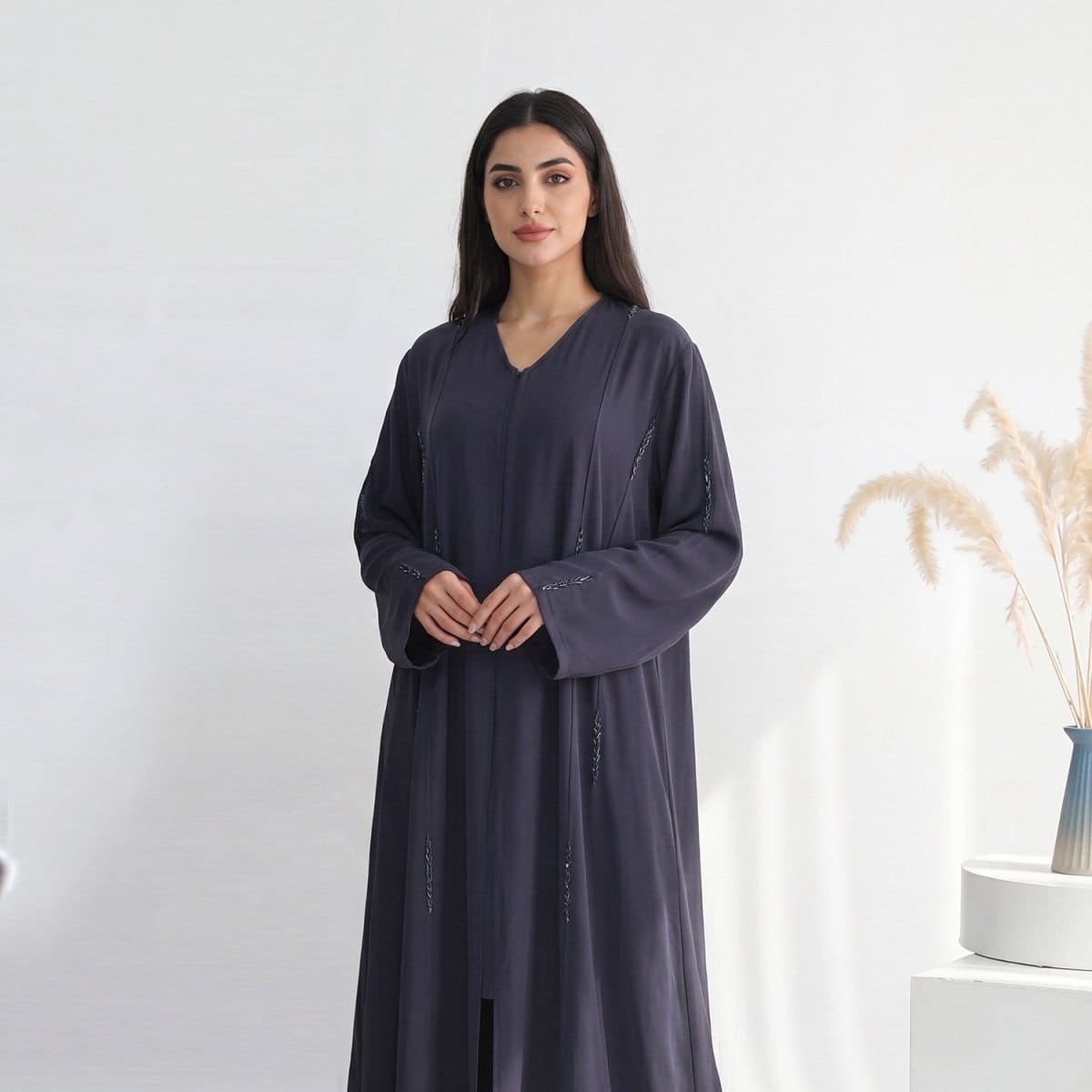 Hand-Beaded Linen Open Abaya(MOA320) - A-1 Thread Vault