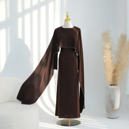 Hand-Beaded Pearl Cape Sleeve Nida Maxi Dress(MS439) - A-1 Thread Vault