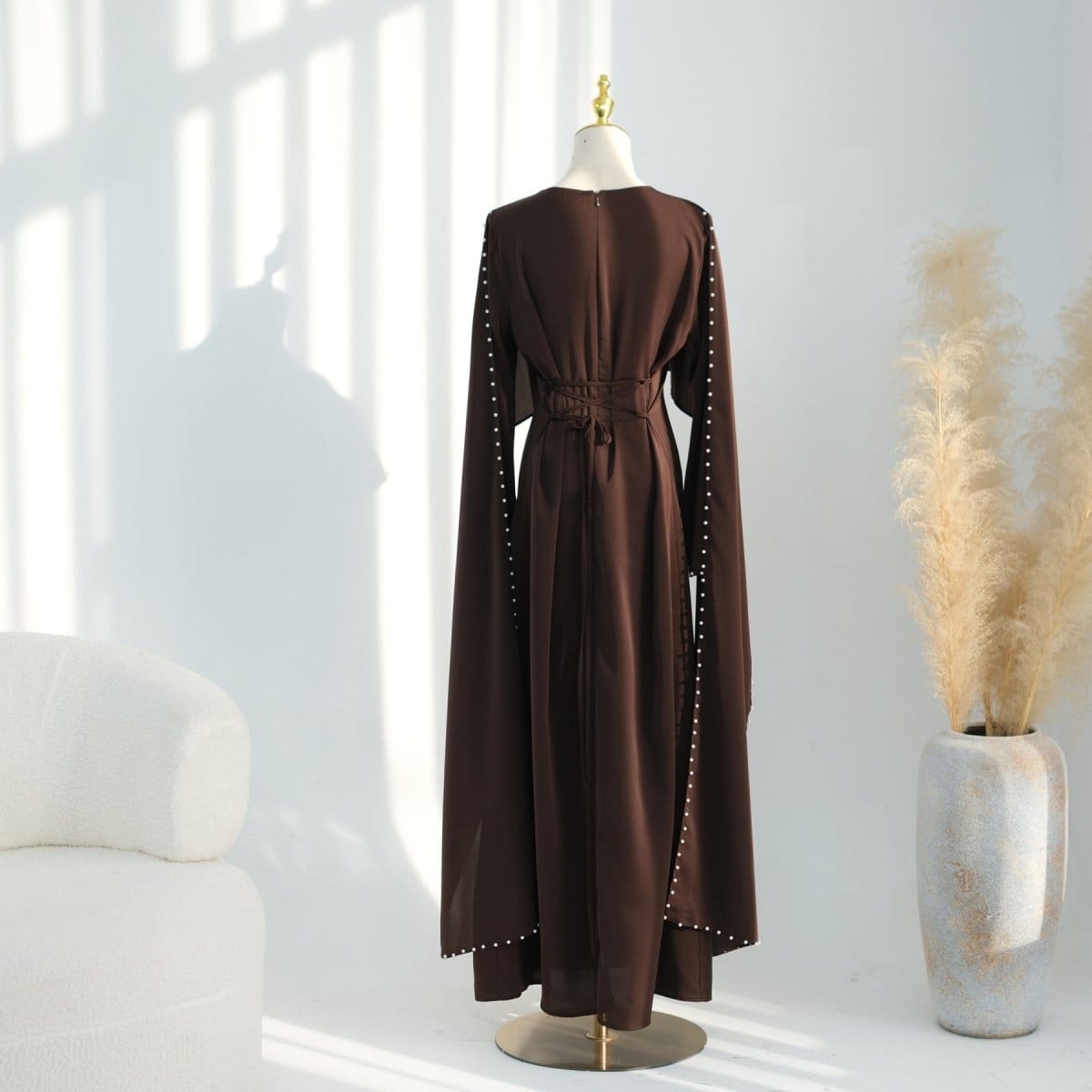 Hand-Beaded Pearl Cape Sleeve Nida Maxi Dress(MS439) - A-1 Thread Vault
