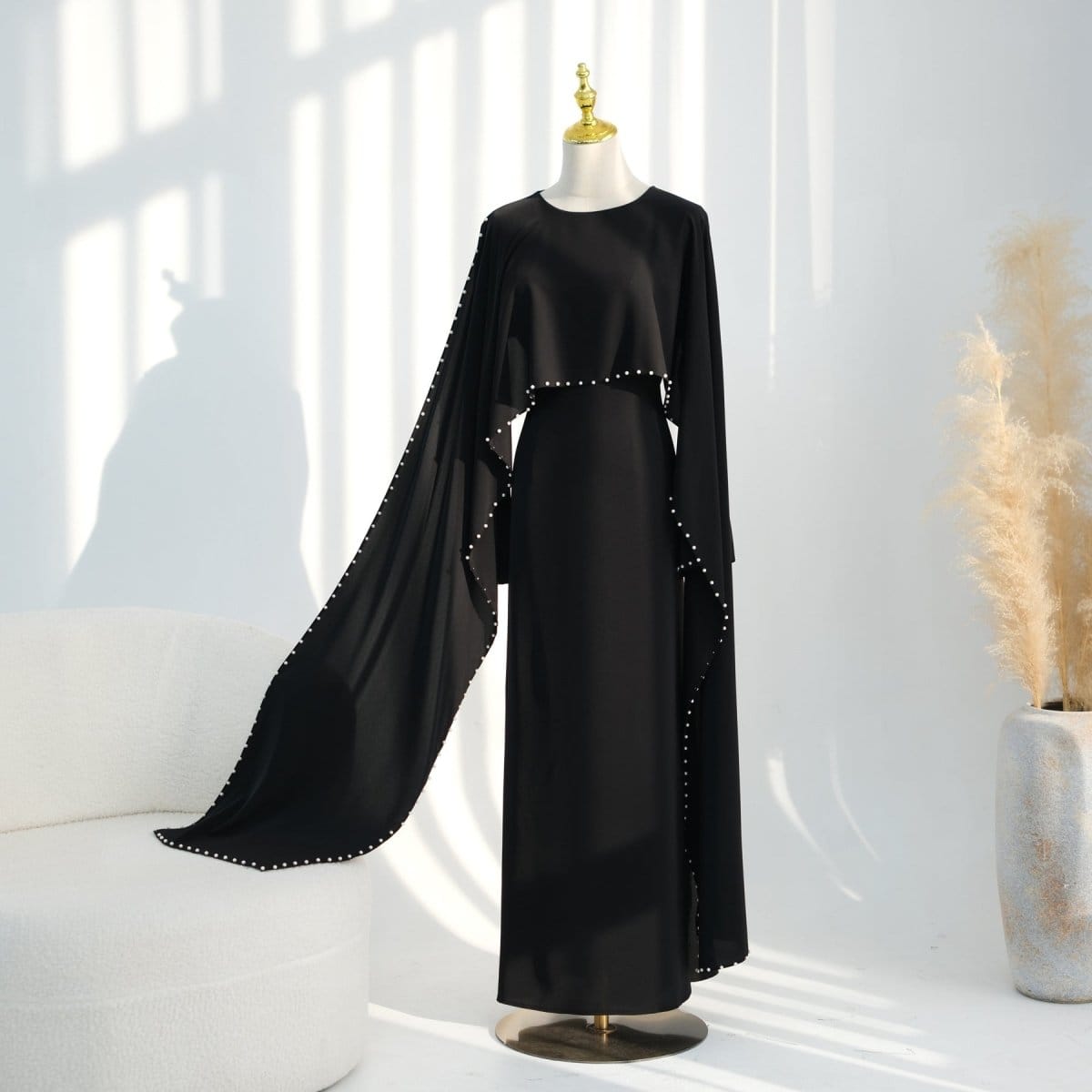 Hand-Beaded Pearl Cape Sleeve Nida Maxi Dress(MS439) - A-1 Thread Vault