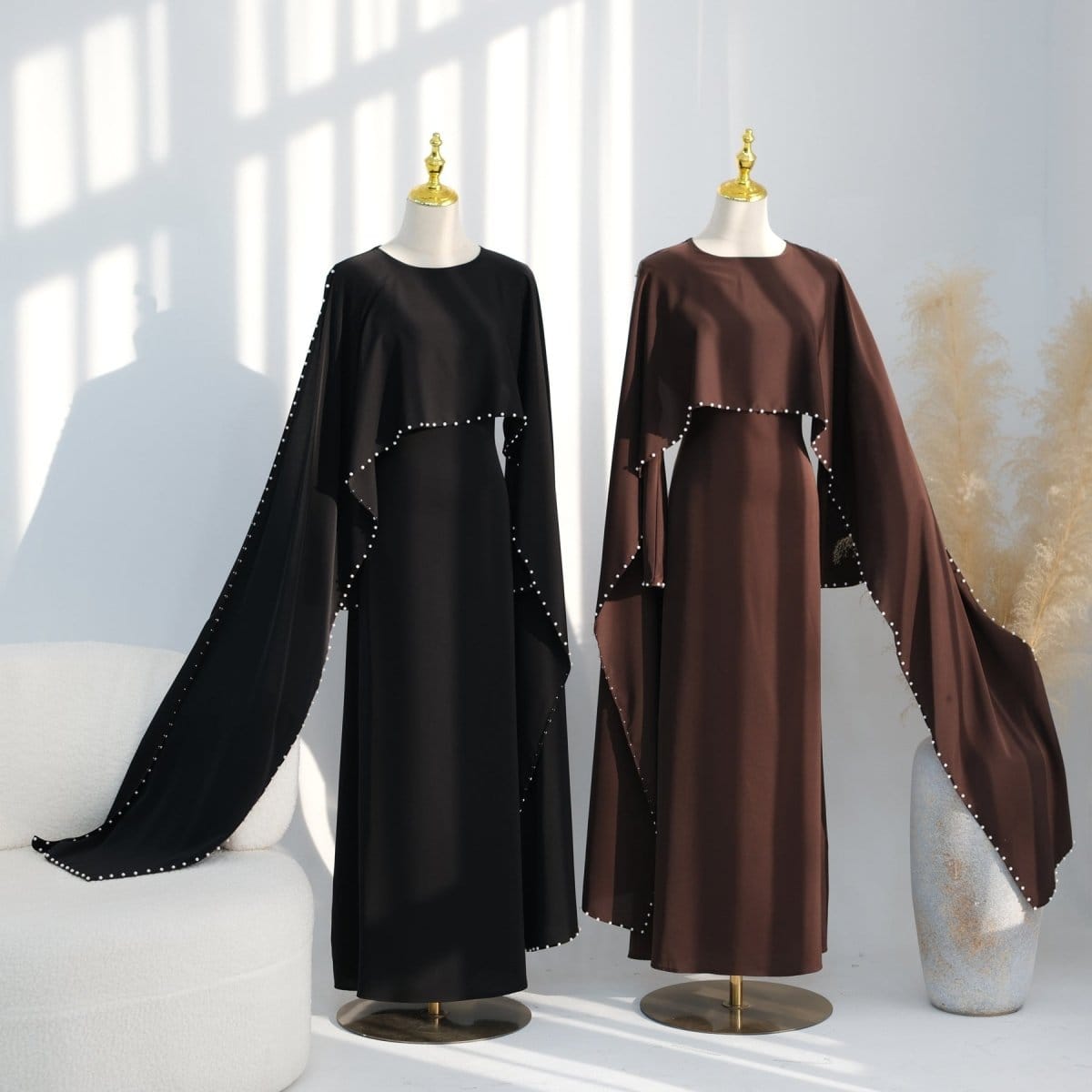 Hand-Beaded Pearl Cape Sleeve Nida Maxi Dress(MS439) - A-1 Thread Vault