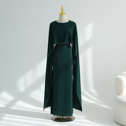 Hand-Beaded Pearl Cape Sleeve Nida Maxi Dress(MS439) - A-1 Thread Vault