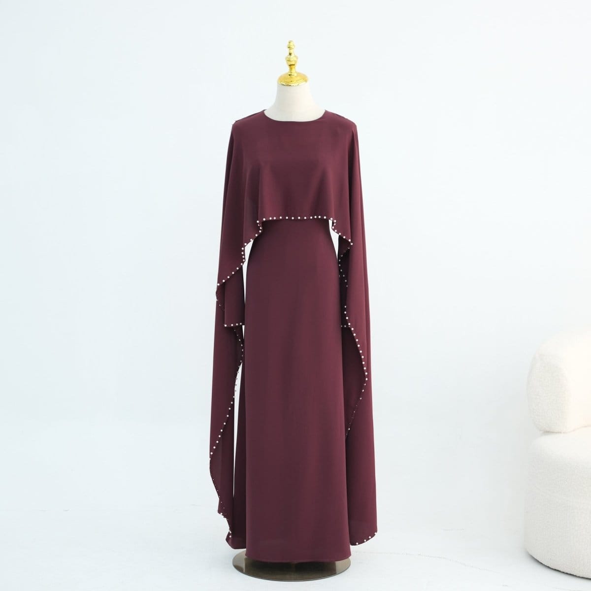 Hand-Beaded Pearl Cape Sleeve Nida Maxi Dress(MS439) - A-1 Thread Vault