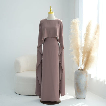 Hand-Beaded Pearl Cape Sleeve Nida Maxi Dress(MS439) - A-1 Thread Vault