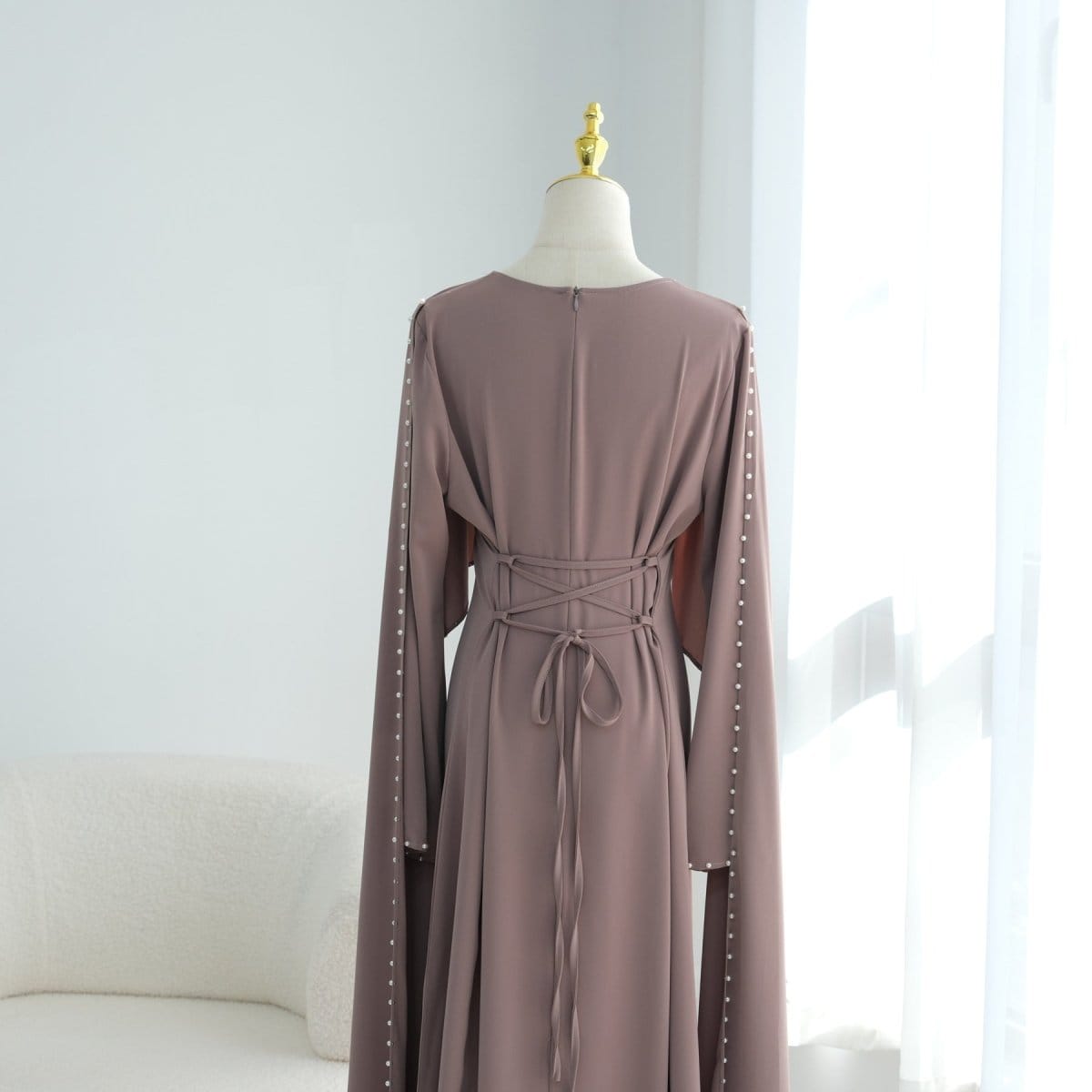 Hand-Beaded Pearl Cape Sleeve Nida Maxi Dress(MS439) - A-1 Thread Vault