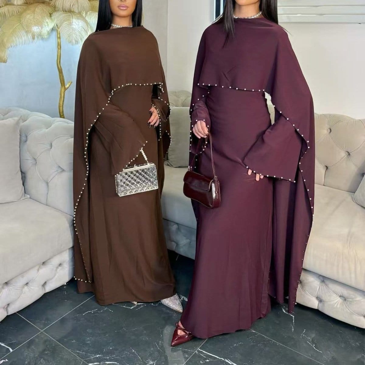 Hand-Beaded Pearl Cape Sleeve Nida Maxi Dress(MS439) - A-1 Thread Vault