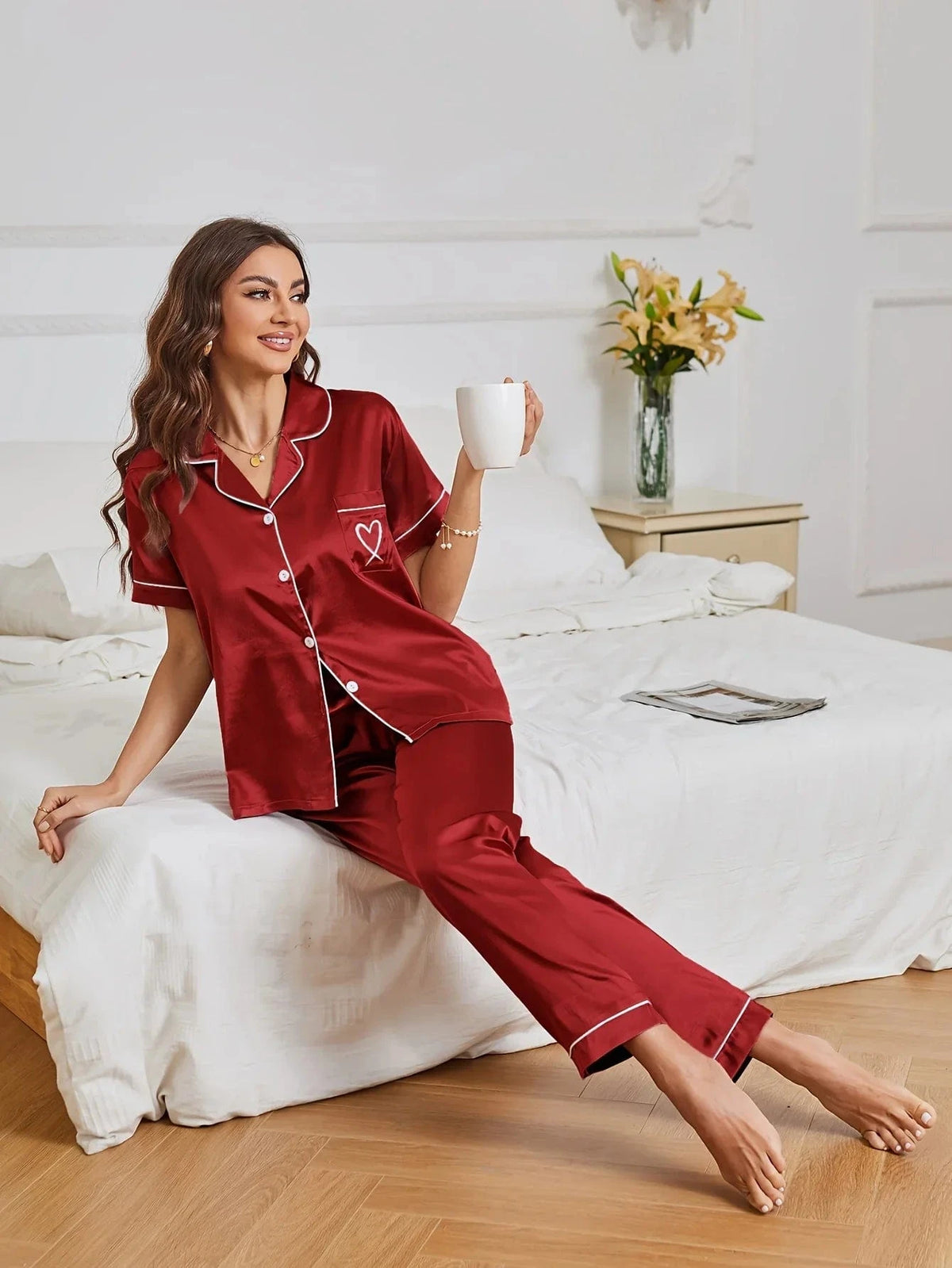 Heart Embroidery Satin Pajama Set Casual Short Sleeve Button Up Lapel Collar Top & Pants Women's Sleepwear - A-1 Thread Vault