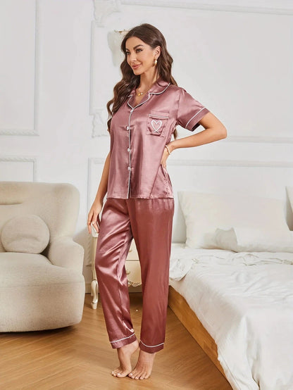 Heart Embroidery Satin Pajama Set Casual Short Sleeve Button Up Lapel Collar Top & Pants Women's Sleepwear - A-1 Thread Vault