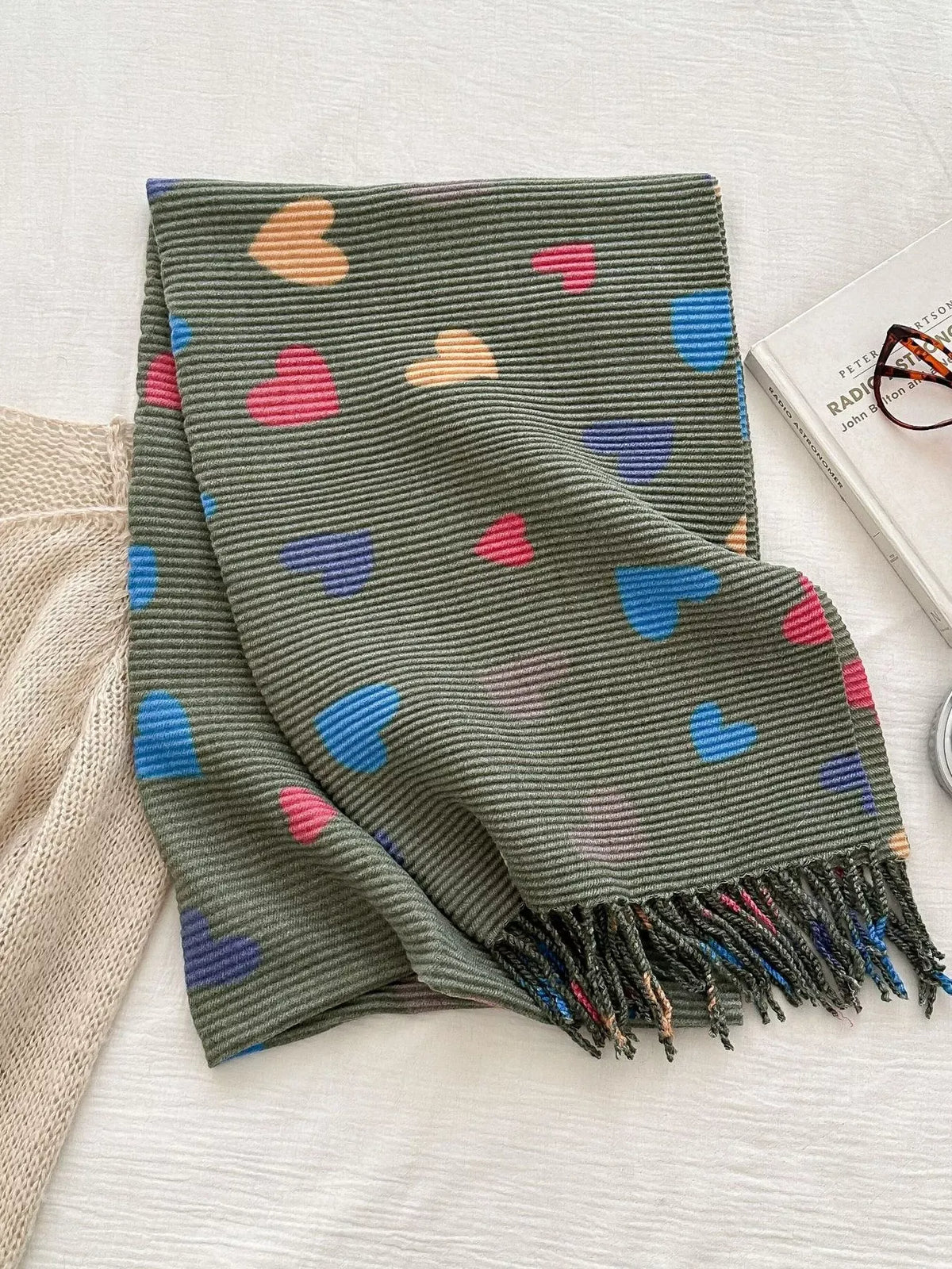 Heart Patterned Tassel Scarf - A-1 Thread Vault