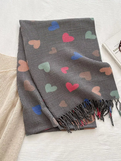 Heart Patterned Tassel Scarf - A-1 Thread Vault