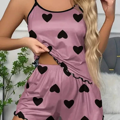 Heart Print Neck Cami Top and Lettuce Trim Shorts Set - A-1 Thread Vault
