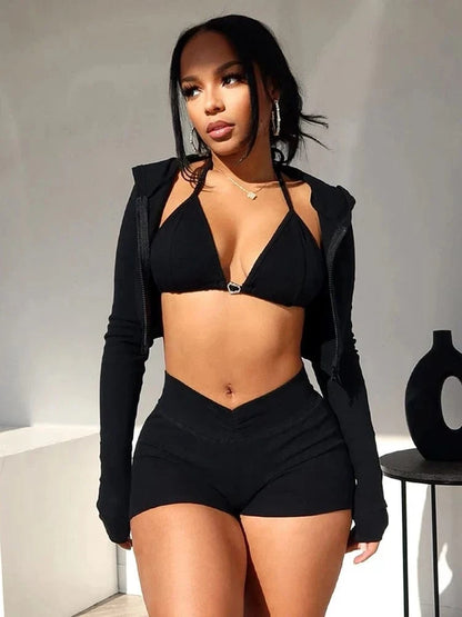 Heartline 3-Piece Halter Bra, Zip Hoodie & Shorts Set - A-1 Thread Vault