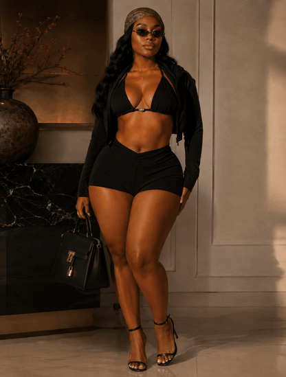 Heartline 3-Piece Halter Bra, Zip Hoodie & Shorts Set - A-1 Thread Vault