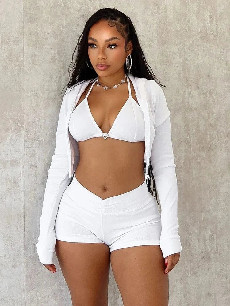 Heartline 3-Piece Halter Bra, Zip Hoodie & Shorts Set - A-1 Thread Vault