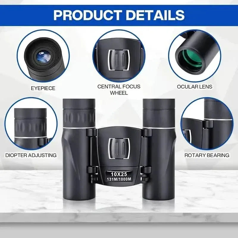 High Powered Mini Pocket Binoculars 10x25 with Phone Adapter – Compact, Lightweight, Portable – Black - A-1 Thread Vault