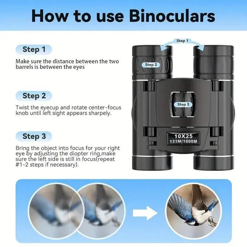 High Powered Mini Pocket Binoculars 10x25 with Phone Adapter – Compact, Lightweight, Portable – Black - A-1 Thread Vault
